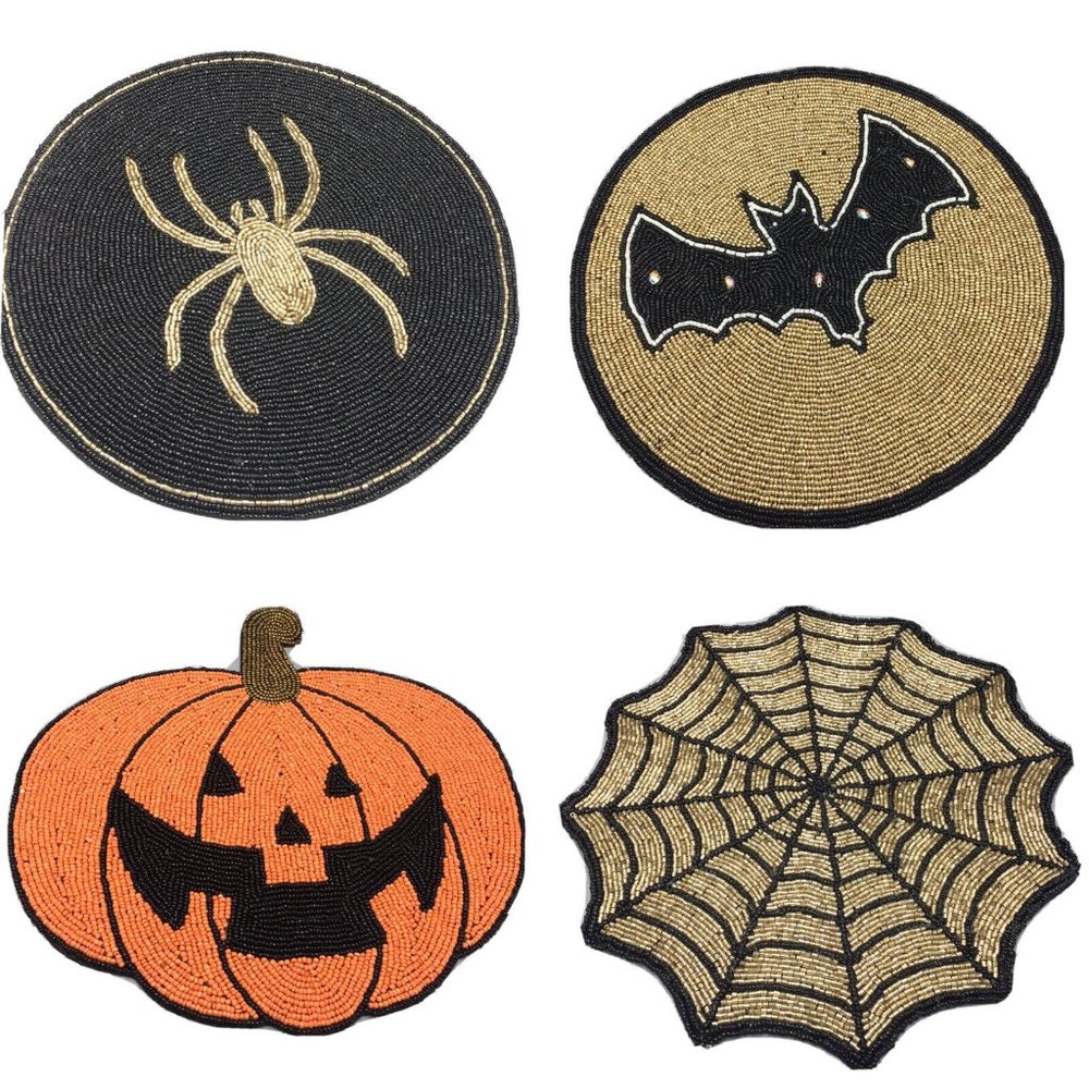 4pc Tahari Halloween Beaded Placemat Set Bat Pumpkin Spiderweb Spider Gold Black